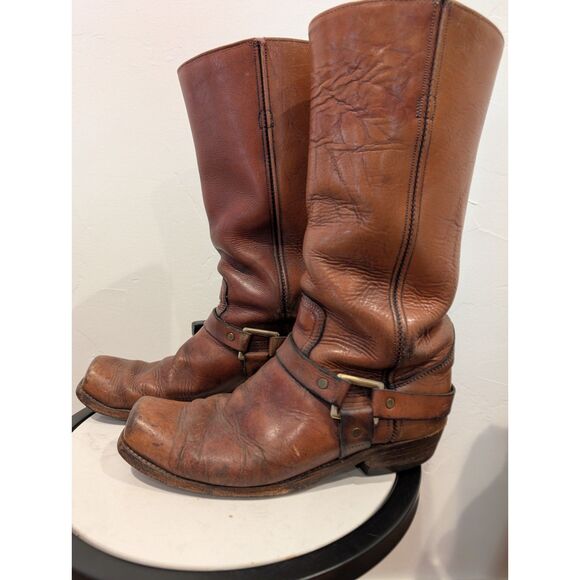 Vintage Brown Leather Harness Boots – Size 8.5–9, CAT/Vibram Sole, Moto Style - Picture 4 of 10